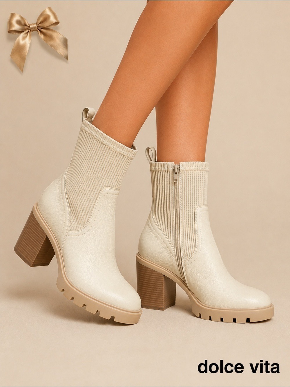 Dolce Vita Waterproof Mid Calf Sock Boots Lug Sole Chunky Heel Ivory 8.5